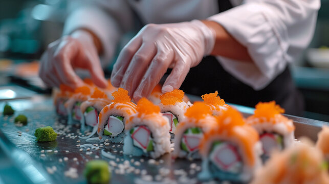 Closeup of chefs hands making sushi rolls. Salmon caviar topping.