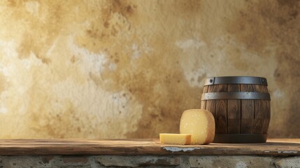 beer background with keg and cheese for international beer day. copy space
