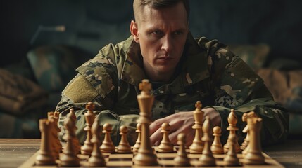 military man sits at a chess board - obrazy, fototapety, plakaty