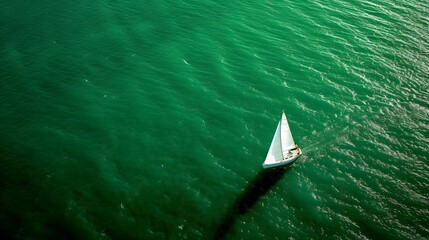 Single boat sailing through emerald green ocean waters along coast 