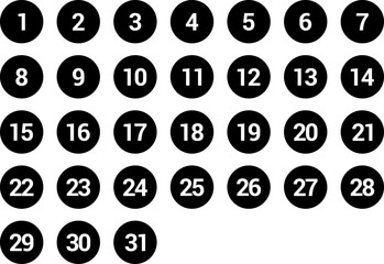 Simple numbers icon set of 1-31 numbers simple black style symbol sign for Calendar, apps and website. Vector illustration.