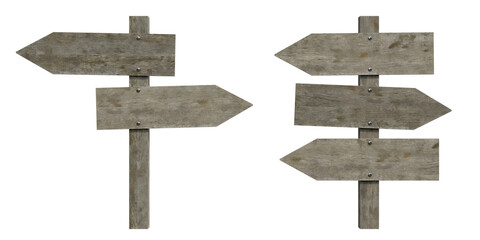 Mockup of old wooden road sign pointing direction. 3d rendering