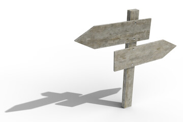 Mockup of old wooden road sign pointing direction. 3d rendering