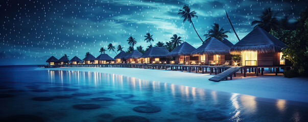 Twilight Serenity at a Tropical Beach Resort With Overwater Bungalows