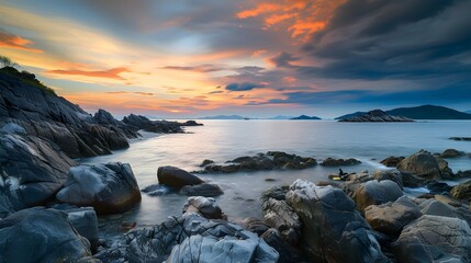 Sea stone shore, rocky surface, sunset with colorful sky over the sea