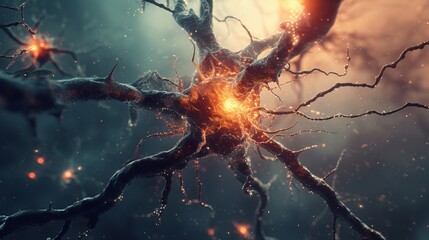 a close-up look at the structure of a neuron exhibiting its complex network of connections - obrazy, fototapety, plakaty