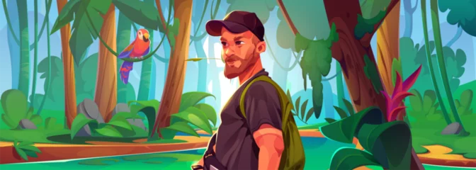 Foto op Canvas Male tourist with backpack walking in jungle among trees and liana vines, parrot on branch, moss and grass. Cartoon vector summer illustration of tropical rainforest landscape with person and bird. © klyaksun