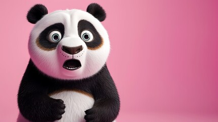 Shocked panda with big eyes isolated on pink background