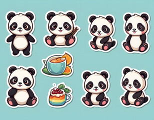 cute kawaii panda, cartoon, digital art, stickers