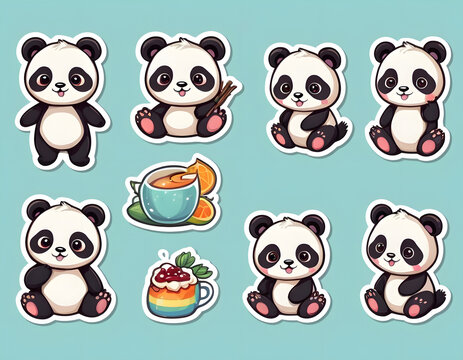 cute kawaii panda, cartoon, digital art, stickers