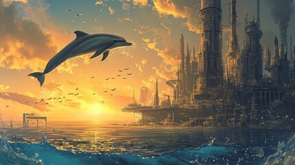 Generate a striking image where the intricate patterns of a cityscape intermingle with the graceful contours of a leaping dolphin, set against the backdrop of a radiant sunrise over the ocean.