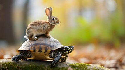 Rabbit riding turtle, better strategy concept - obrazy, fototapety, plakaty