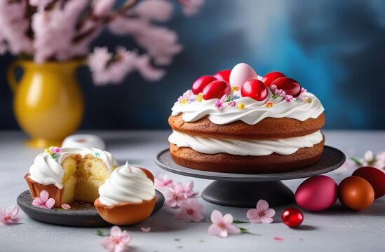 Traditional easter cake with white swiss meringue on table. Homemade cruffin cake trend 2024. Spring cherry blossom and colorful painted eggs. Homemade food. space for text