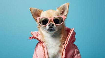 stylish Chihuahua dog in trendy sunglasses and pink jacket against blue background