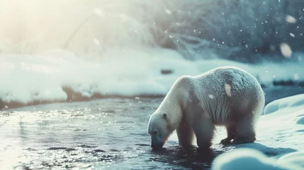 Foto op Canvas Polar bear standing in a river and drinking. Wide angle perspective. Sunny day in a snowy landscape. It is snowing. Blurred background with copy space. © PSCL RDL