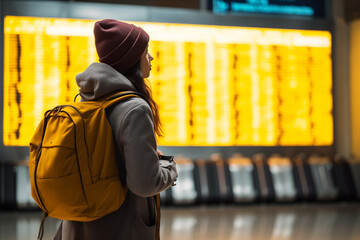 A young woman with a yellow backpack at the international airport looks at the flight information board - Powered by Adobe