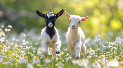 Two little funny baby goats playing in the field with flowers
