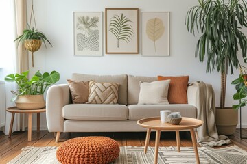A cozy and inviting living room with modern decor, indoor plants, and a warm color scheme.