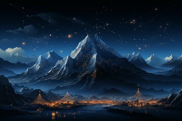 A digital illustration of an illuminated network grid over a mountainous landscape at night, symbolizing connectivity.