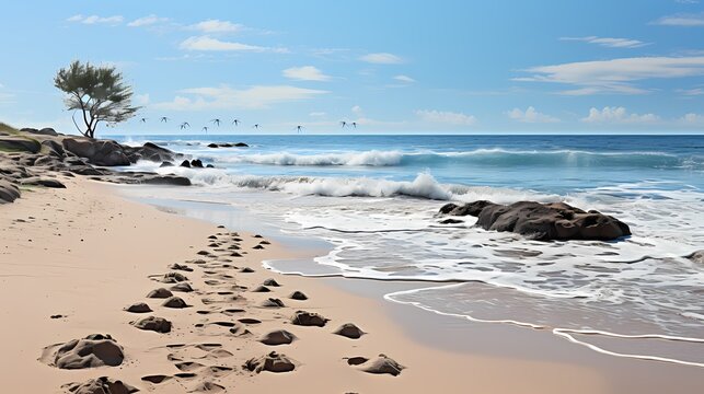 A sandy beach with footprints and seashells, capturing the textured beauty of the coastal landscape