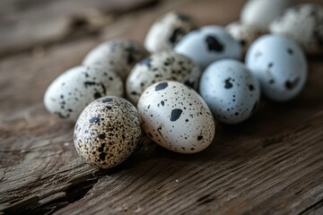 A close-up of speckled quail eggs gathered on a rustic wooden surface, showcasing their unique patterns and textures.