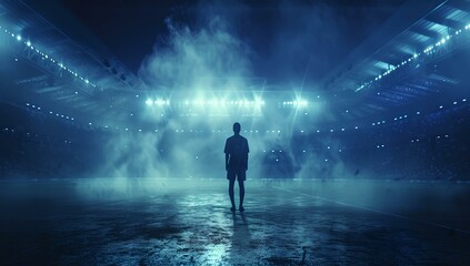 Mysterious person stands in blue neon lights with a futuristic ambiance. surreal scene, concept art. AI