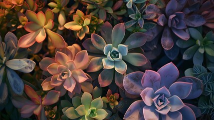 multicolor a scene that play of light and shadow on leaves of succulents, highlighting their...