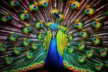 Obraz premium Portrait of beautiful peacock with feathers out, Close up of peacock showing its beautiful feathers, Generative AI