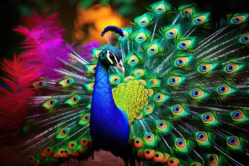Portrait of beautiful peacock with feathers out, Close up of peacock showing its beautiful feathers, Generative AI