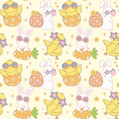Groovy Easter Pattern Seamless retro disco bunny and chick Playful animal doodle drawing isolated on background.