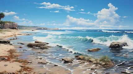 Fototapeta na wymiar A sandy beach with footprints and seashells, capturing the textured beauty of the coastal landscape