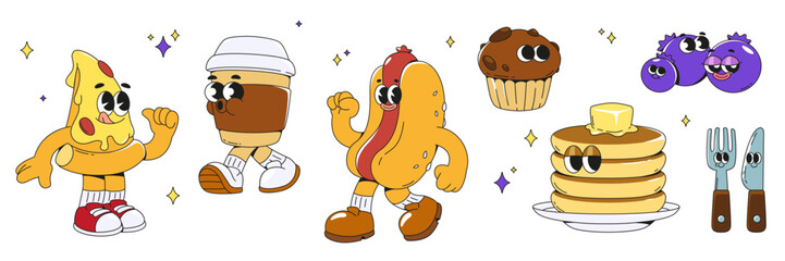 Food groovy cartoon character set with cute smiley faces. Fast food and drink with emotions - pizza triangle piece and hot dog with sausage, plastic cup of coffee and pancakes, muffin and blueberries.