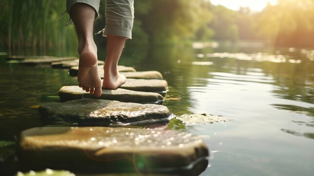 Man walking barefoot on stepping stones in lake