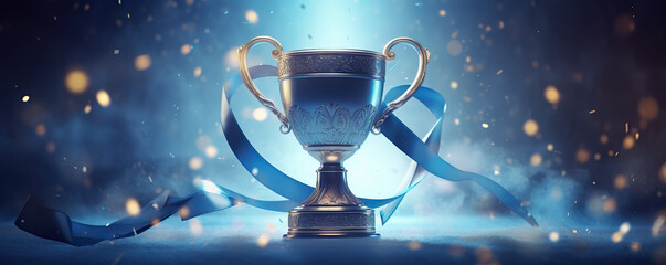 Trophy With Blue Ribbon Against a Sparkling Background