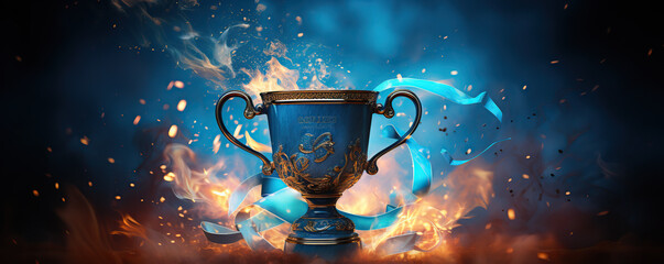 Trophy With Blue Ribbon Against a Sparkling Background