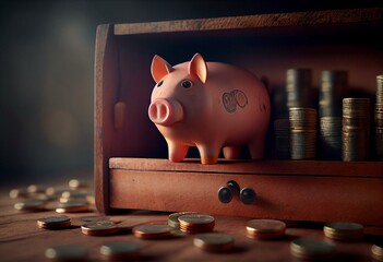 pig bank with coins in drawer. Generative AI