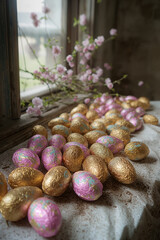 Group of chocolate easter eggs on a table.Amidst a sea of vibrant purple flowers, a colorful group of chocolate eggs rests on a table in front of an easter-themed window, evoking feelings of warmth an