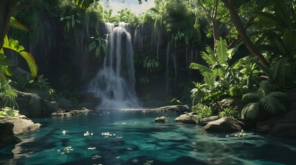 Naklejka premium Majestic waterfall with crystal-clear pool in a jungle