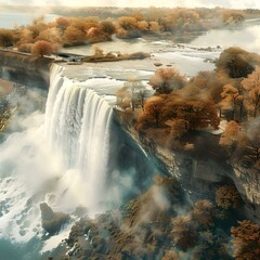 Breathtaking autumn waterfall landscape in warm light. majestic natural scenery for relaxation and poster design. a generated artwork. AI