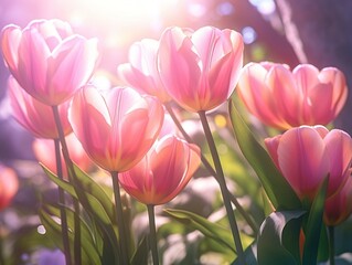 Fototapeta premium Pink tulips in the summer sunlight