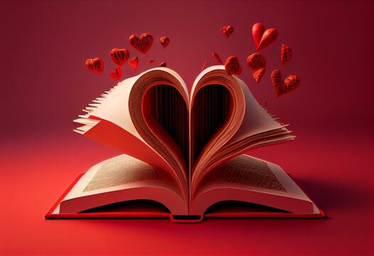 reading a love novel. an open book from which the heart flies out on a red background. 3D render. Generative AI