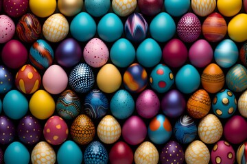 Fototapeta premium A collection of vibrantly colored and intricately designed Easter eggs with various patterns and color combinations in a neat arragement