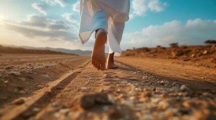 A person's journey captured mid-step, barefoot on a desert path, symbolizing a quest for spiritual awakening amidst vast, arid landscapes