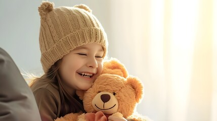 kid playing with teddy and happy feel, child with teddy