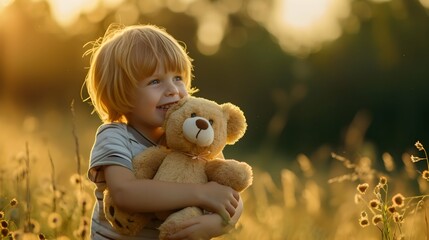 kid playing with teddy and happy feel, child with teddy - obrazy, fototapety, plakaty