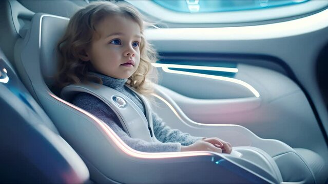 Child in self-driving car controlled by an artificial intelligence autopilot. Concept of future technologies, internet of things and smart devices.