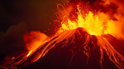 Foto auf Leinwand Inferno unleashed. Captivating image of active volcano eruption featuring fiery lava flow intense flames and stunning display of nature power © PSCL RDL