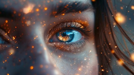 The young woman's gaze pierces through the mystical lights, her eyes revealing a deep spiritual connection and a clairvoyant insight. - obrazy, fototapety, plakaty