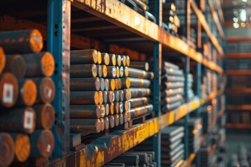 Industrial construction relies on orderly storage and stacking of steel round bars in the warehouse.