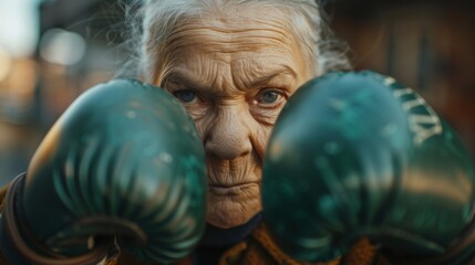 Irish grandma in green gloves, ready to fight and live life to the fullest, proving age is just a number - Active seniors embracing life's sunset in vivid hues.